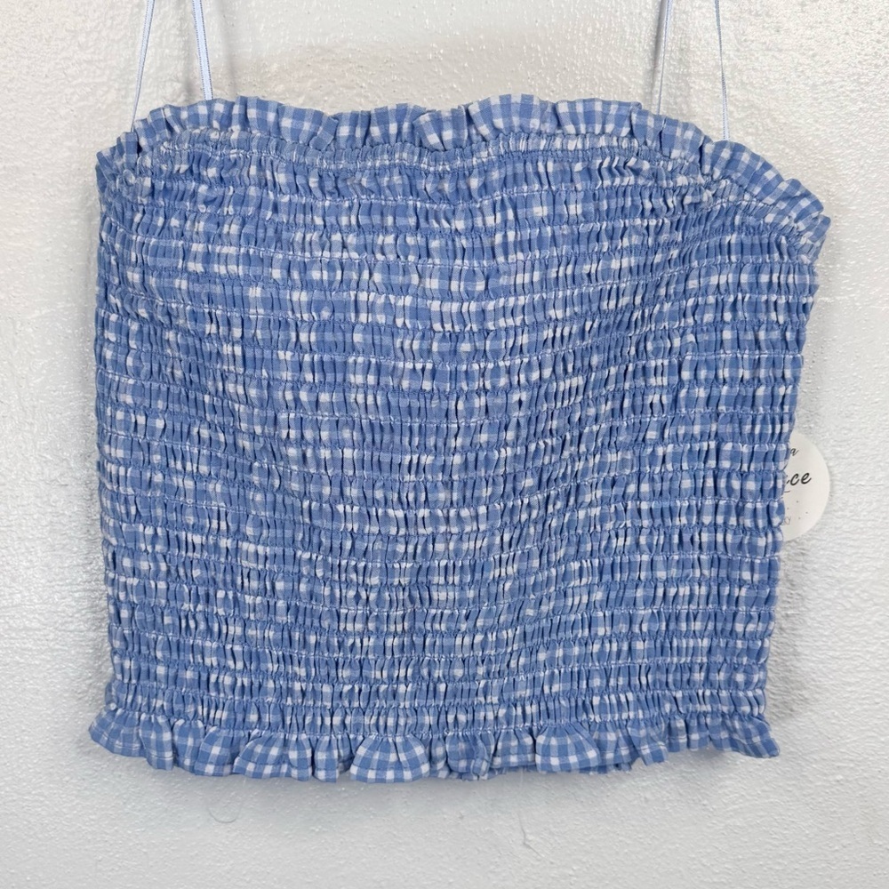 Sienna Sky Tube Top Womens Size L Blue & White Gingham Smocked Cropped